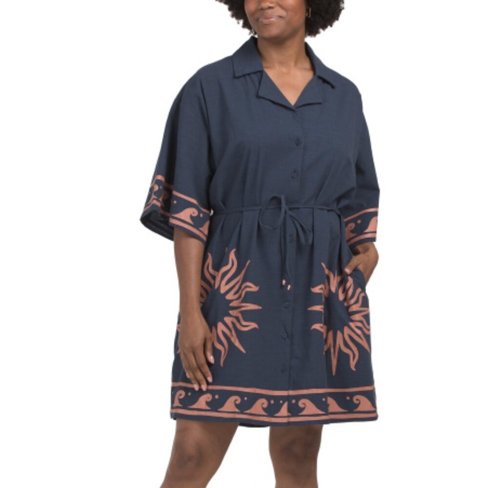 WHITE CLOSET Short Sleeve Border Print Mini Dress